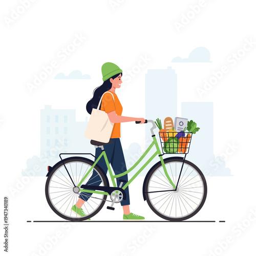 Woman pushing green bicycle with groceries in basket on city street