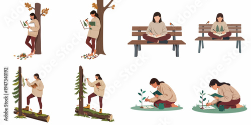 Vector illustration set of a young woman sketching and journaling in nature, featuring various poses in forests, parks, and gardens.