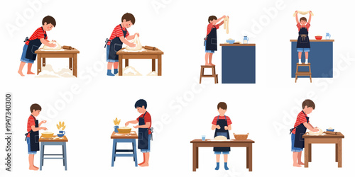 Collection of illustrations showing a young boy in an apron kneading dough and baking bread on a wooden table.