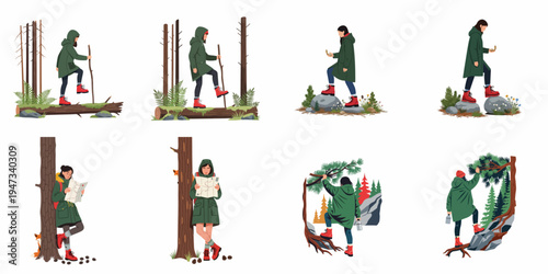 Vector set of a young woman hiking and exploring nature, including map reading, compass navigation, and trekking through a forest environment.