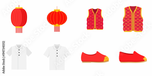 Set of traditional Chinese cultural elements including red lanterns, festive padded vests, white shirts, and red cloth shoes in flat vector style.