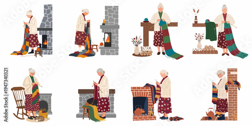 Collection of flat vector illustrations depicting an elderly woman knitting colorful scarves and blankets in various cozy home settings near a fireplace.