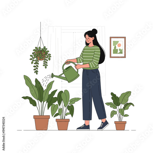 Young Woman Watering Indoor House Plants Illustration