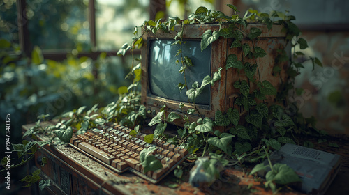 Broken Computer with Vines. Old broken desktop computer abandoned and covered with green climbing vines, cracked monitor and dusty keyboard, nature slowly reclaiming technology, detailed leaves wrappi