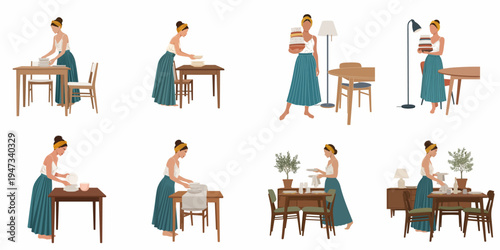Flat vector illustration set of a young woman in a long skirt setting and clearing a dining table in various domestic scenes.