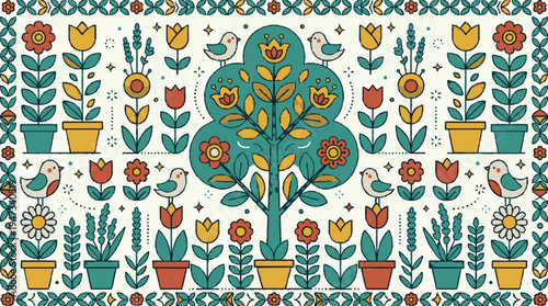 Modern folk art summer garden scene with vibrant tree and potted flowers in a lush green and yellow setting
