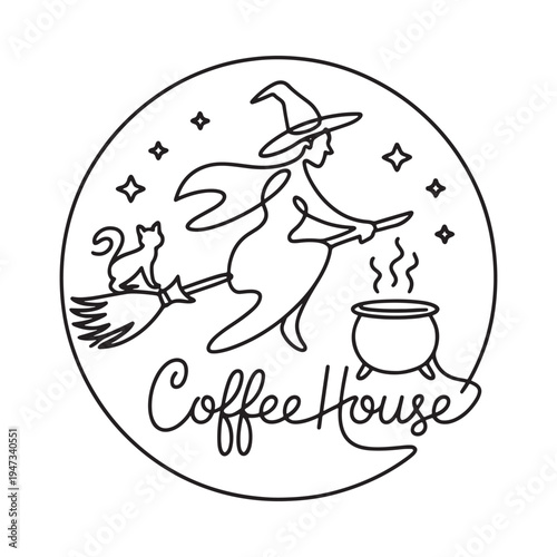 A whimsical witch illustration with a cauldron and broom for a coffee house
