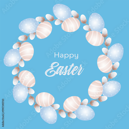Festive Easter wreath illustration featuring pastel-colored eggs and pussy willow branches. 