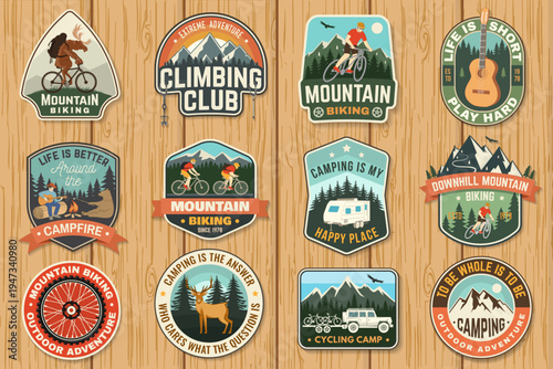 Set of Outdoor Adventure Badges, patches, stickers. Vector. Concept for shirt or logo, print, stamp or tee. Vintage typography design with man riding bike, forest, camping, climbing and mountain