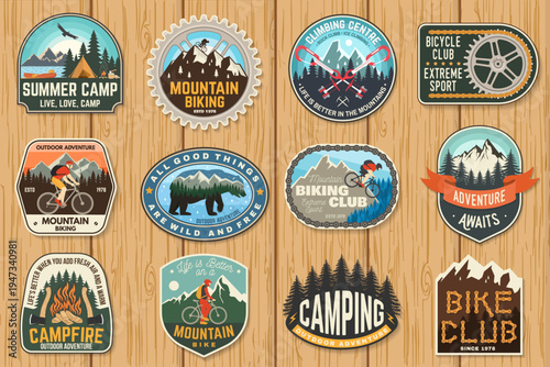 Set of Outdoor Adventure Badges, patches, stickers. Vector. Concept for shirt or logo, print, stamp or tee. Vintage typography design with man riding bike, forest, camping, climbing and mountain