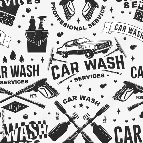 Car wash seamless pattern or background. Texture, wallpapers, template for car wash, cleaning car, washing and service business with cleaning equipment. Car cleaning, washing and design service