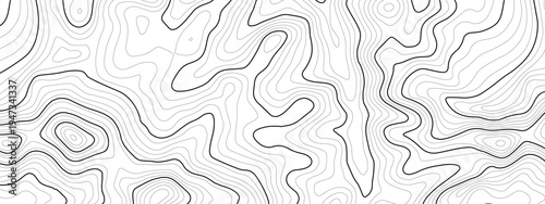 Line art contour backdrop for topographic map area and wide ocean geography. Abstract dark modern design with digital terrain hud and marine travel location. Geo landscape texture for banner.