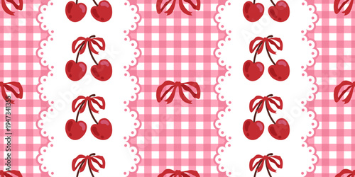 Fotografie Seamless coquette cottagecore pattern with cherries and bows on lace panels over a pink gingham background