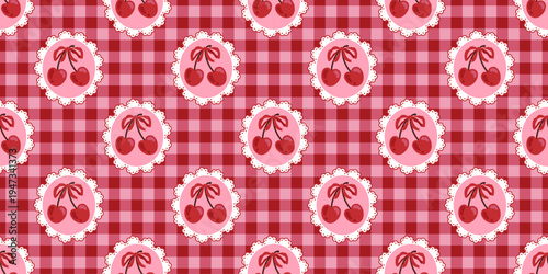 Seamless coquette cottagecore pattern with cherries in pink circular frames over a red gingham background. Repeating print for fabric, wallpaper, wrapping paper, textiles, stationery, and packaging.