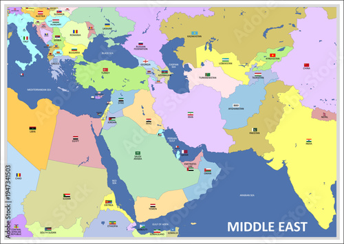 Middle East geographical map with national borders and state flags, vector illustration
