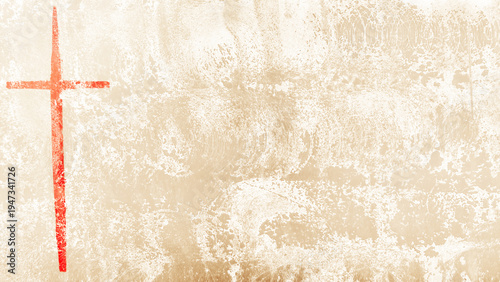 off-center red orange cross on tan beige distressed background