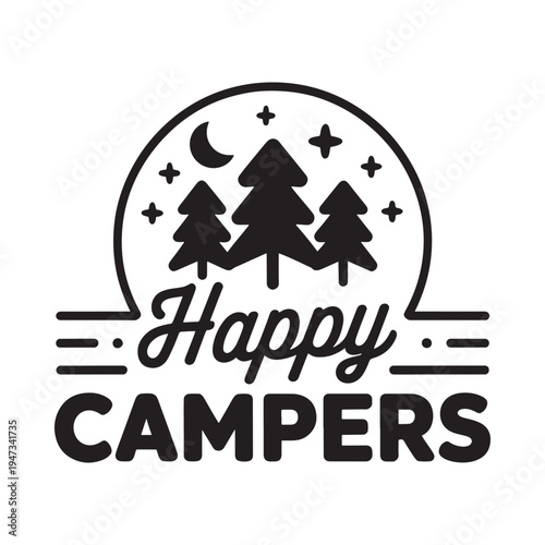 A black and white illustration featuring trees a crescent moon and text