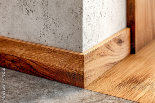 Corner view of a modern interior with natural wood baseboard trim contrasting against textured concrete wall and smooth wood flooring for elegant design