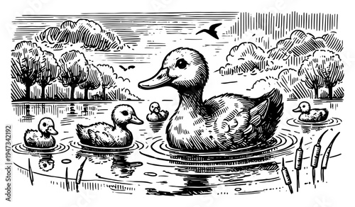 Mother Duck and Ducklings Swimming in Lake Landscape, Vintage Woodcut Style Hand Drawn Nature Scene Vector Illustration