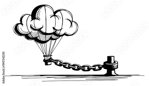 Chained Cloud Hot Air Balloon Metaphor, Surreal Concept of Restricted Ideas or Grounded Dreams Hand Drawn Sketch Vector Illustration