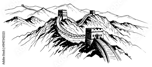 Great Wall of China Landscape Sketch, Hand Drawn Famous Landmark and Monument in Mountainous Scenery Vector Illustration