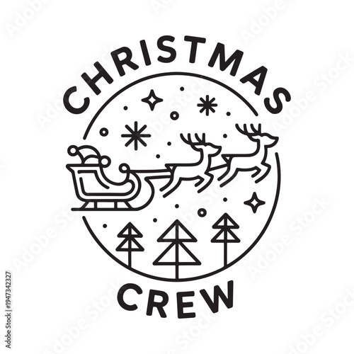 Festive christmas emblem featuring reindeer sleigh and evergreen trees