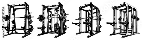 Set of Professional Gym Power Racks and Squat Racks, Hand Drawn Fitness Equipment Sketches for Bodybuilding and Strength Training Vector Illustration