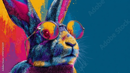A colorful illustration of a rabbit wearing sunglasses against a vibrant background
