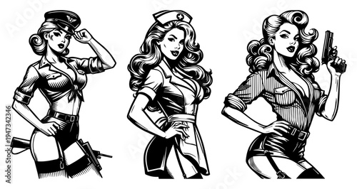 Beautiful Pinup Girls Set in Vintage Military Nurse and Pilot Outfits, Hand Drawn Retro Style Sexy Woman Characters Vector Illustration