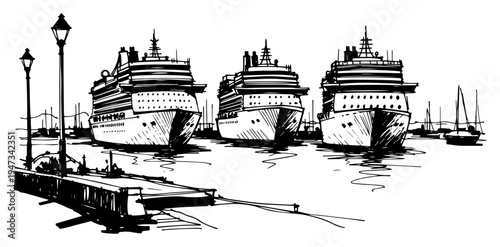 Cruise Ships at Harbor Dock with Streetlights, Hand Drawn Ink Sketch Nautical Travel and Tourism Scene Vector Illustration