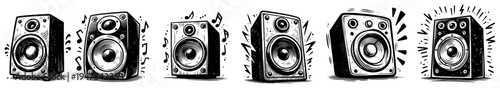 Set of Audio Studio Monitor Speakers with Sound Waves and Music Notes, Hand Drawn Ink Sketch Icons for Sound Design Vector Illustration