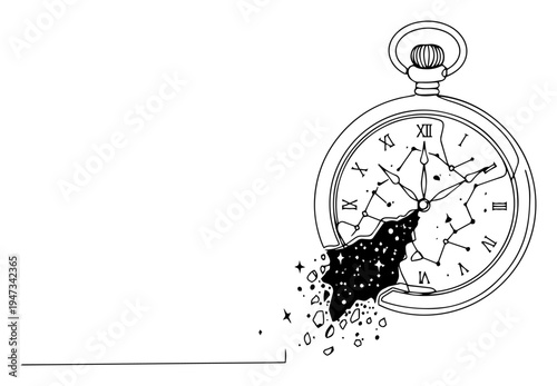 Breaking Vintage Pocket Watch with Stardust and Space Inside, Surreal Metaphor for Time Passing and Eternity Hand Drawn Ink Sketch Vector Illustration
