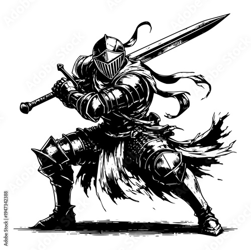 Powerful Medieval Knight in Full Armor Holding Two-Handed Sword, Hand Drawn Fantasy Warrior Character Sketch Vector Illustration