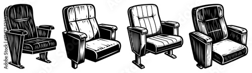 Set of Cinema Theater Seats and Movie Theatre Chairs, Hand Drawn Furniture Icons for Entertainment and Event Design Vector Illustration