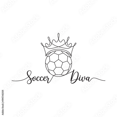 A soccer ball topped with a crown and decorative script lettering