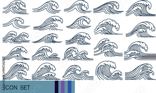 Print Minimalist Ocean Wave and Sea Swell Icon Set Featuring Various Blue Line Art Water Patterns for Marine Nature and Surf Design