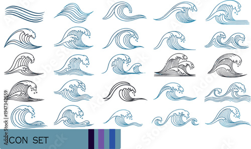 Print Minimalist Ocean Wave Icon Set Featuring Diverse Sea Swells Tidal Curves and Marine Water Ripples for Summer Surfing and Coastal Nature Design