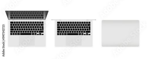 Laptop Mockup Set Top View Fully Opened Partially Opened and Closed Laptop Computer with Blank Screen Vector Illustration