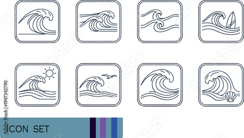 Print Minimalist Ocean Wave and Sea Surf Line Icon Set Featuring Tsunami Crests Tropical Beach Elements and Marine Nature Symbols in Square Frames