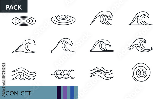 Print Minimalist Ocean Waves and Water Ripple Icon Set Featuring Sea Tides Surfing Waves and Circular Water Motion Illustrations