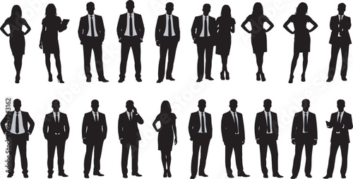Business people silhouettes set, professional men and women in formal suits standing, corporate office staff group posing, isolated vector illustration, design.