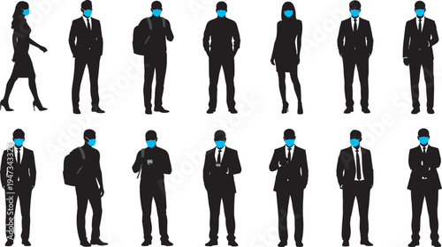 Business people silhouettes wearing medical face masks, professional men and women in suits standing with backpacks and mobile phones, vector illustration.