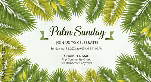 Palm Sunday celebration invitation with green palm leaves border