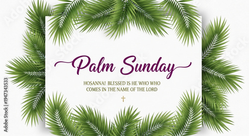 Palm Sunday celebration with green palm leaves and religious text on white background