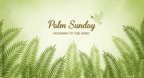 Palm Sunday celebration with green leaves and dove flying