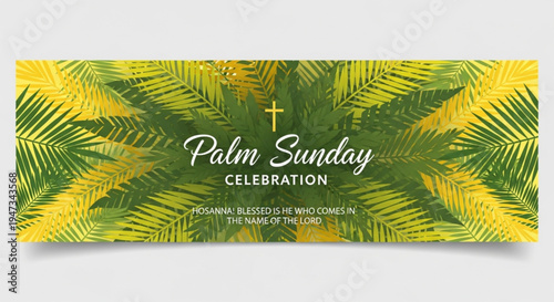 Palm Sunday celebration banner with cross and leaves