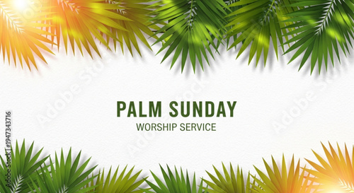 Palm Sunday worship service, palm leaves, green, white background, religious, celebration