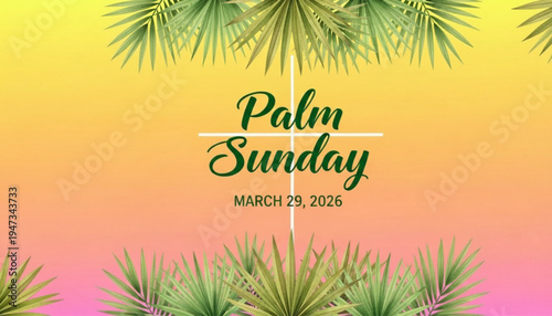 Palm Sunday celebration with cross and palm leaves on colorful background