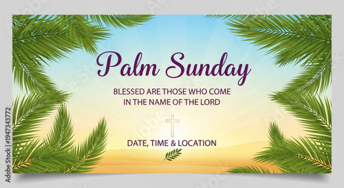 Palm Sunday celebration with palm leaves and cross at sunset