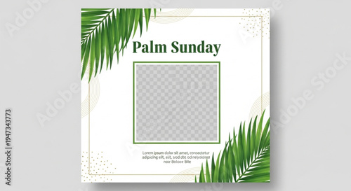 Palm Sunday template with green palm leaves and white background for Easter celebration